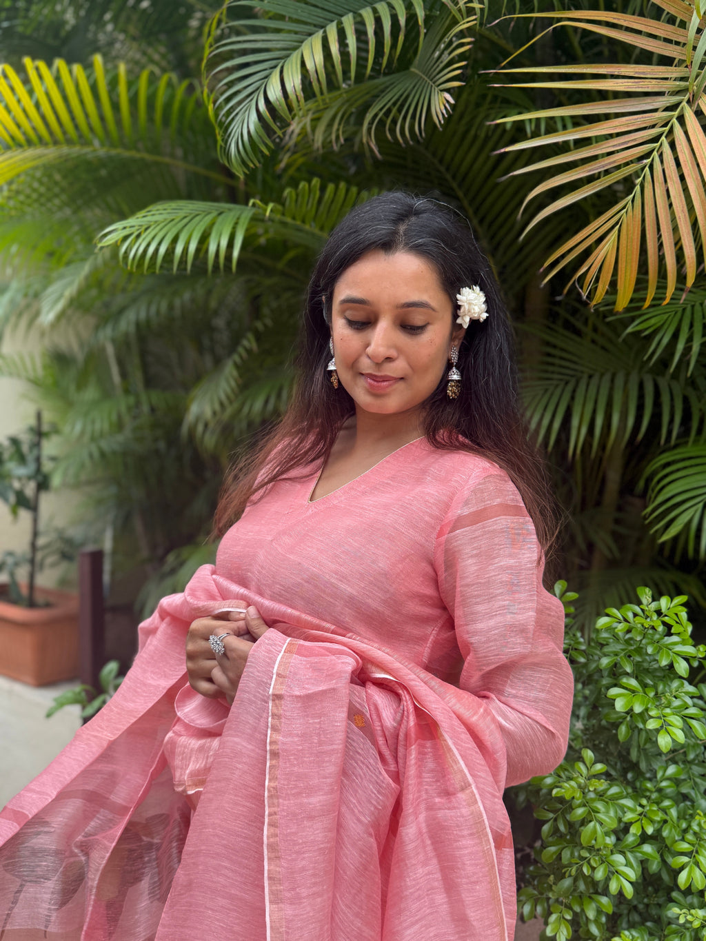 Aarambh Pink Jamdani Linen Silk Dupatta Suit Set