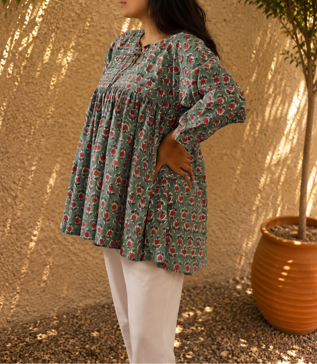 Green Hand Block Printed Cotton Top | Natural Dye | KanthaIndia