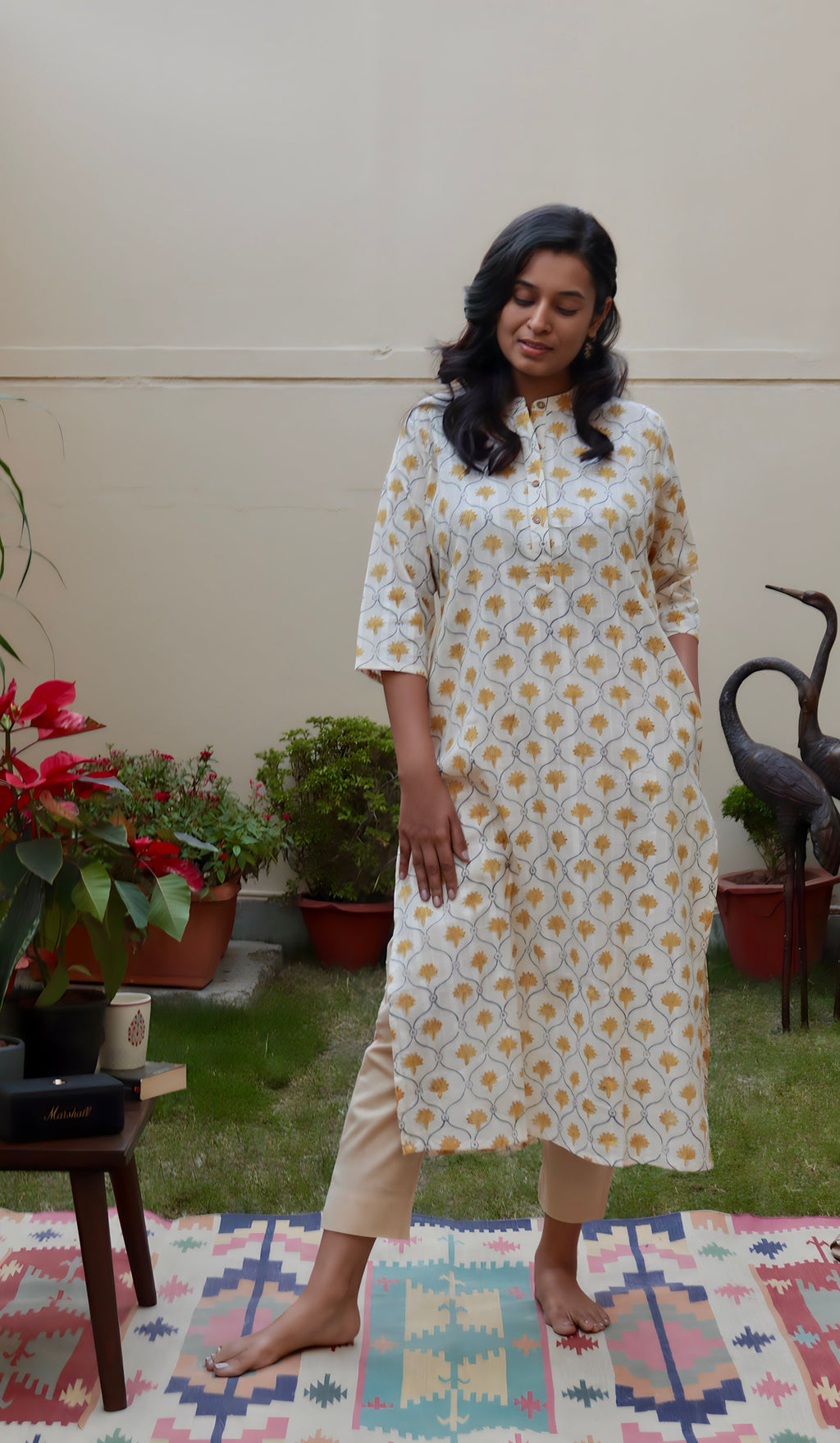 Yellow Floral Cotton Kurti | Pure Cotton | KanthaIndia