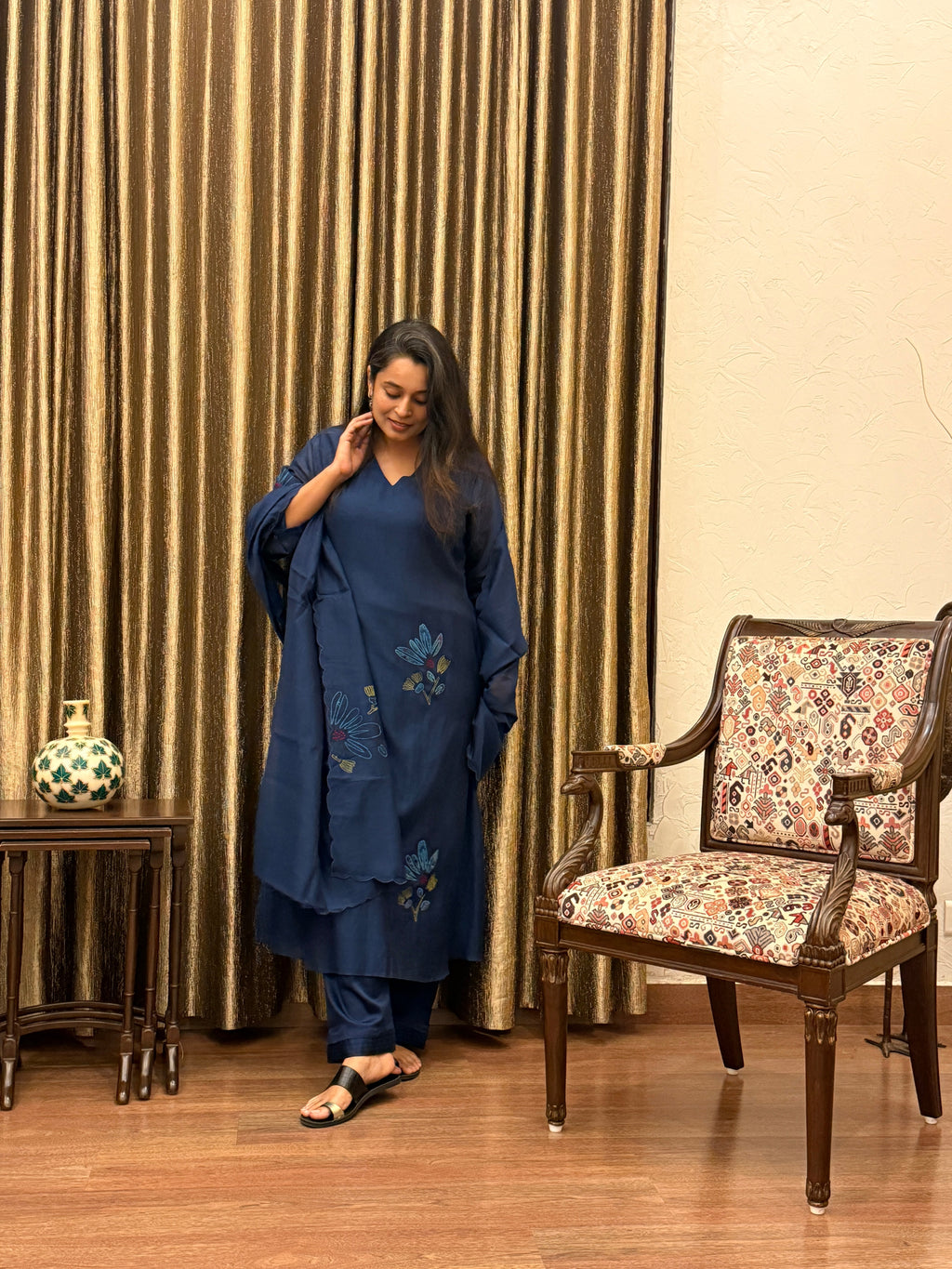 Prussian Blue Floral Appliqué Mul Chanderi Kurta Set