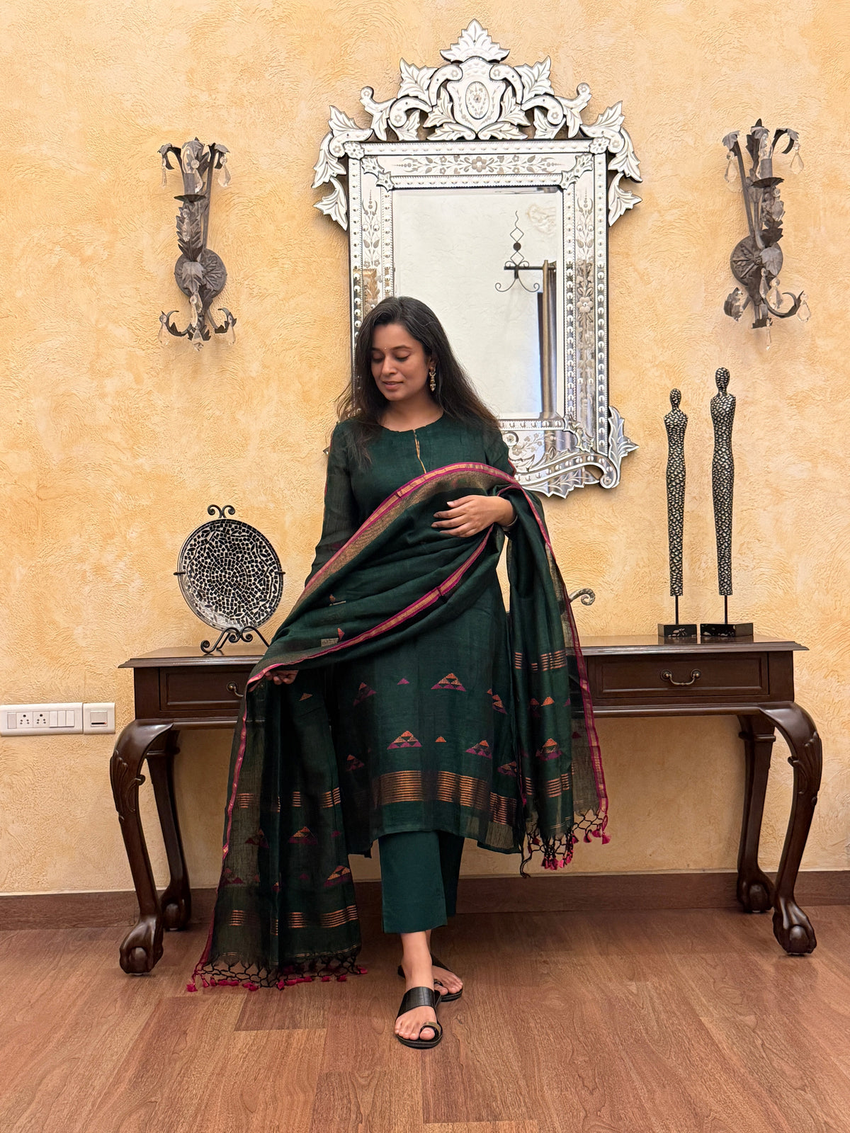 Peacock Green Jamdani Linen Suit Set