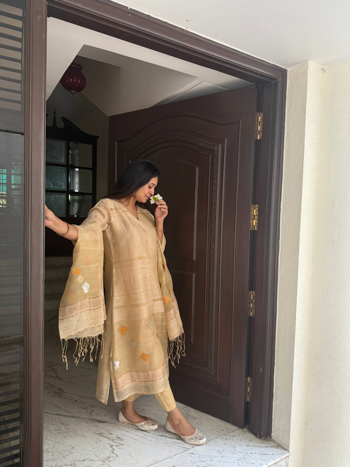 Ananta Beige Jamdani Linen Silk Dupatta Suit Set