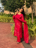 Scarlet Red Floral Appliqué Mul Chanderi Kurta Set
