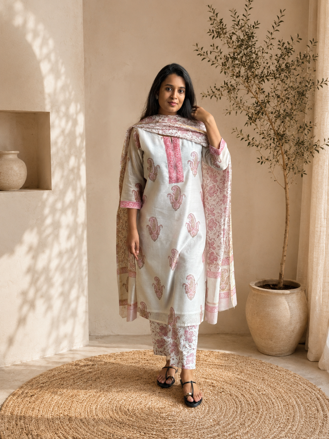 Gulbarg Chanderi Silk Kurti Pant Dupatta Set | Pink | KanthaIndia