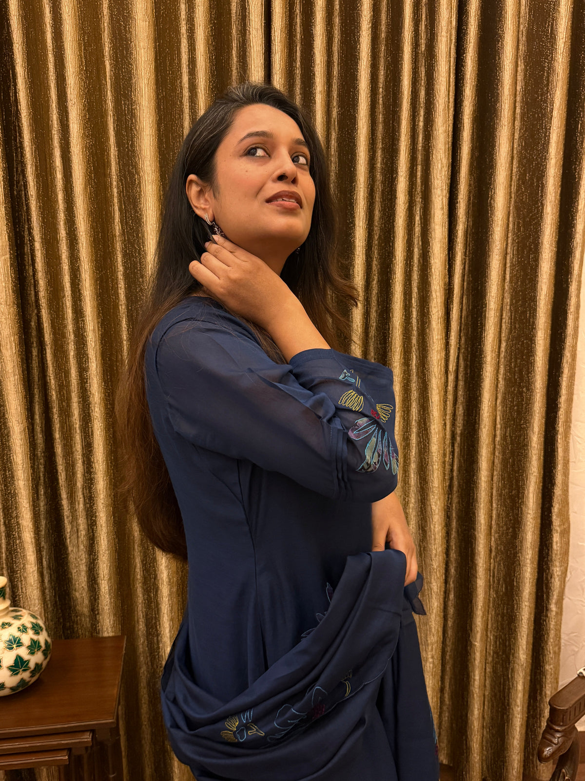Prussian Blue Floral Appliqué Mul Chanderi Kurta Set