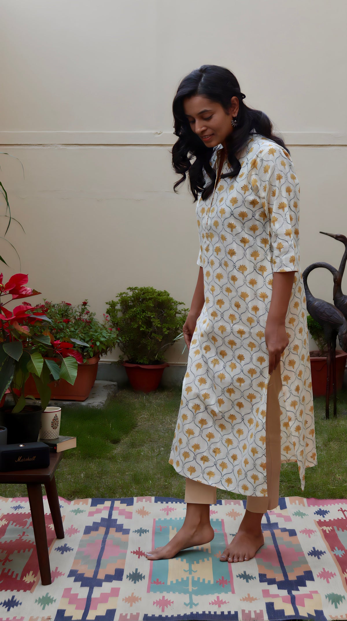 Yellow Floral Cotton Kurti | Pure Cotton | KanthaIndia