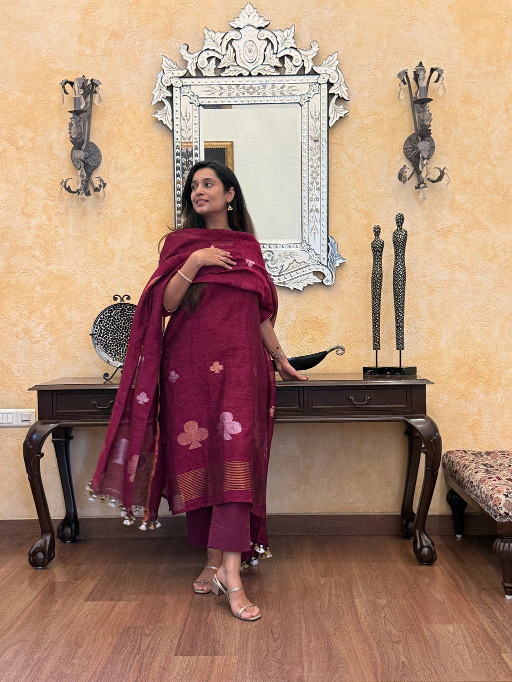 Nitya Maroon Jamdani Pan Patta Dupatta Suit Set