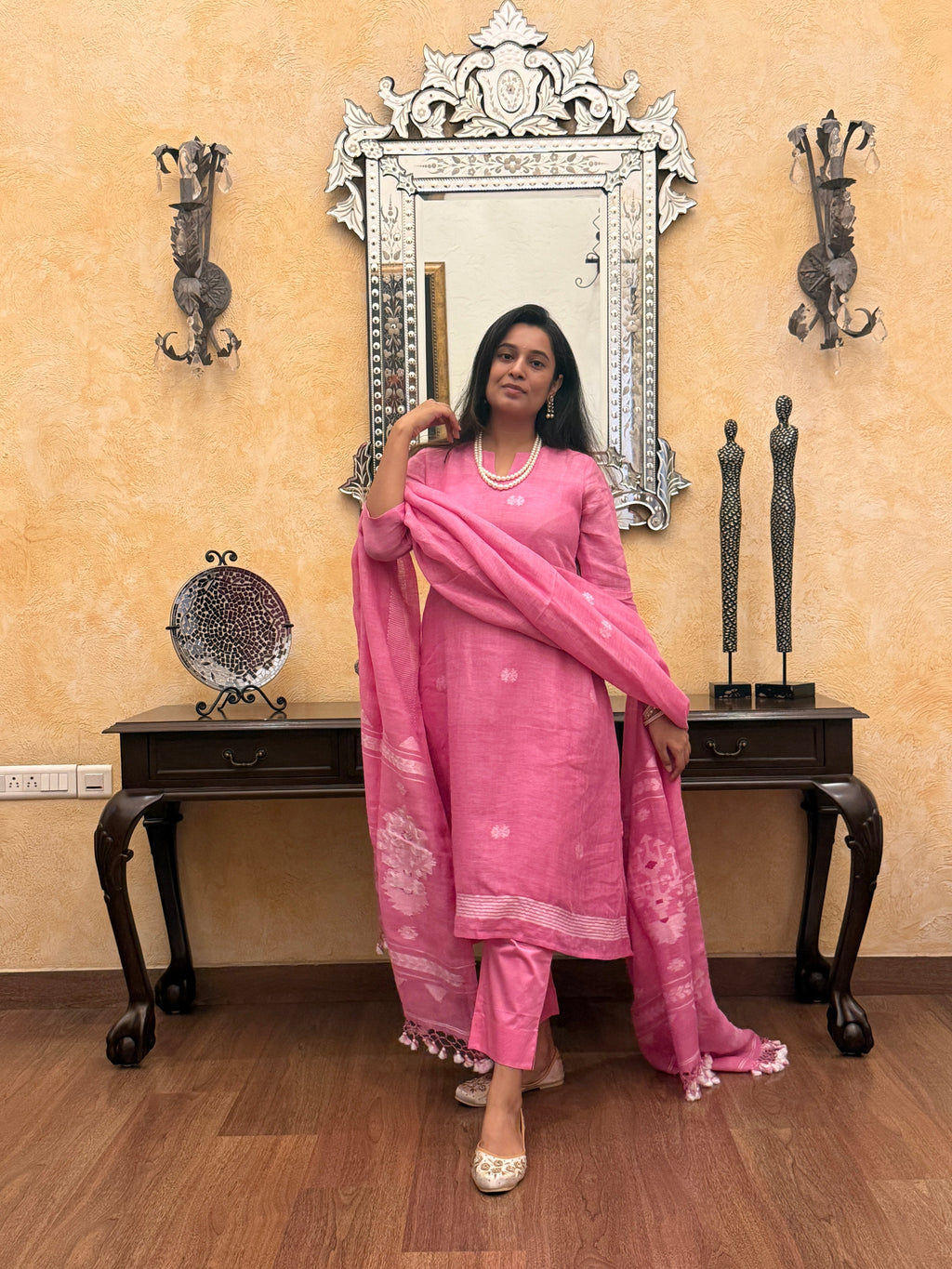 Rose Pink Jamdani Unstitched Fabric Set