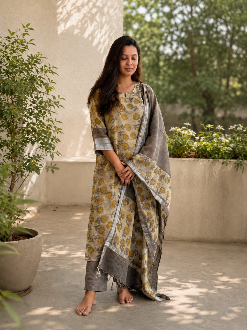 Aswi Cotton Linen Kurta & Dupatta