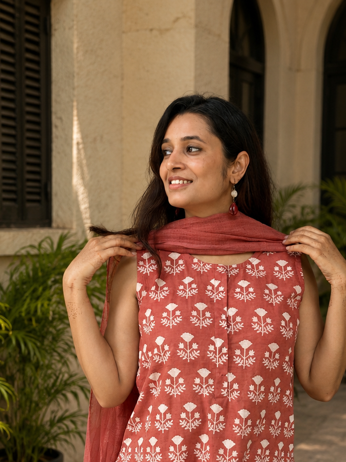 Tapas Hand Block Print Cotton Kurta Dupatta Set | FADED