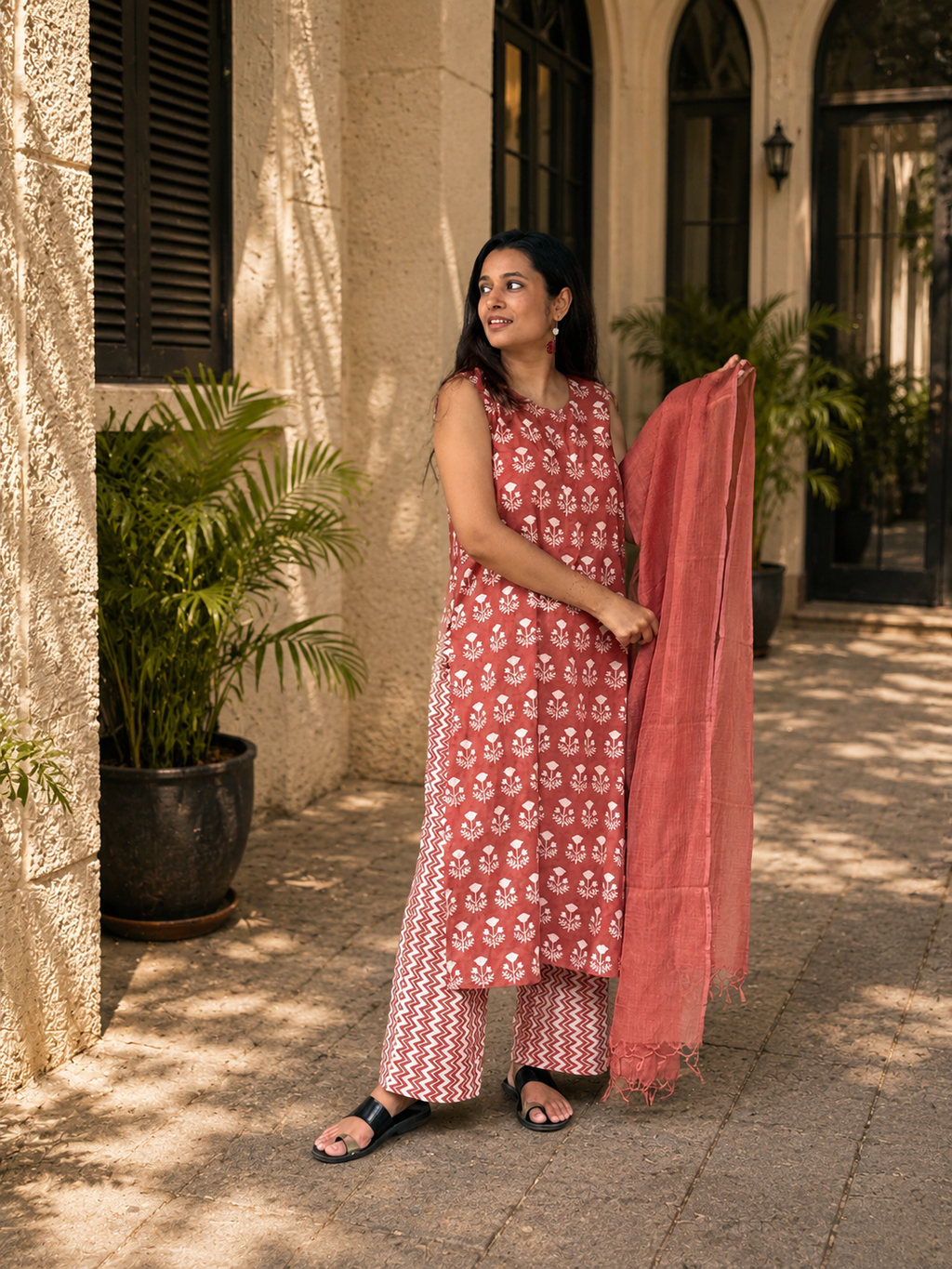 Tapas Hand Block Print Cotton Kurta Dupatta Set | FADED