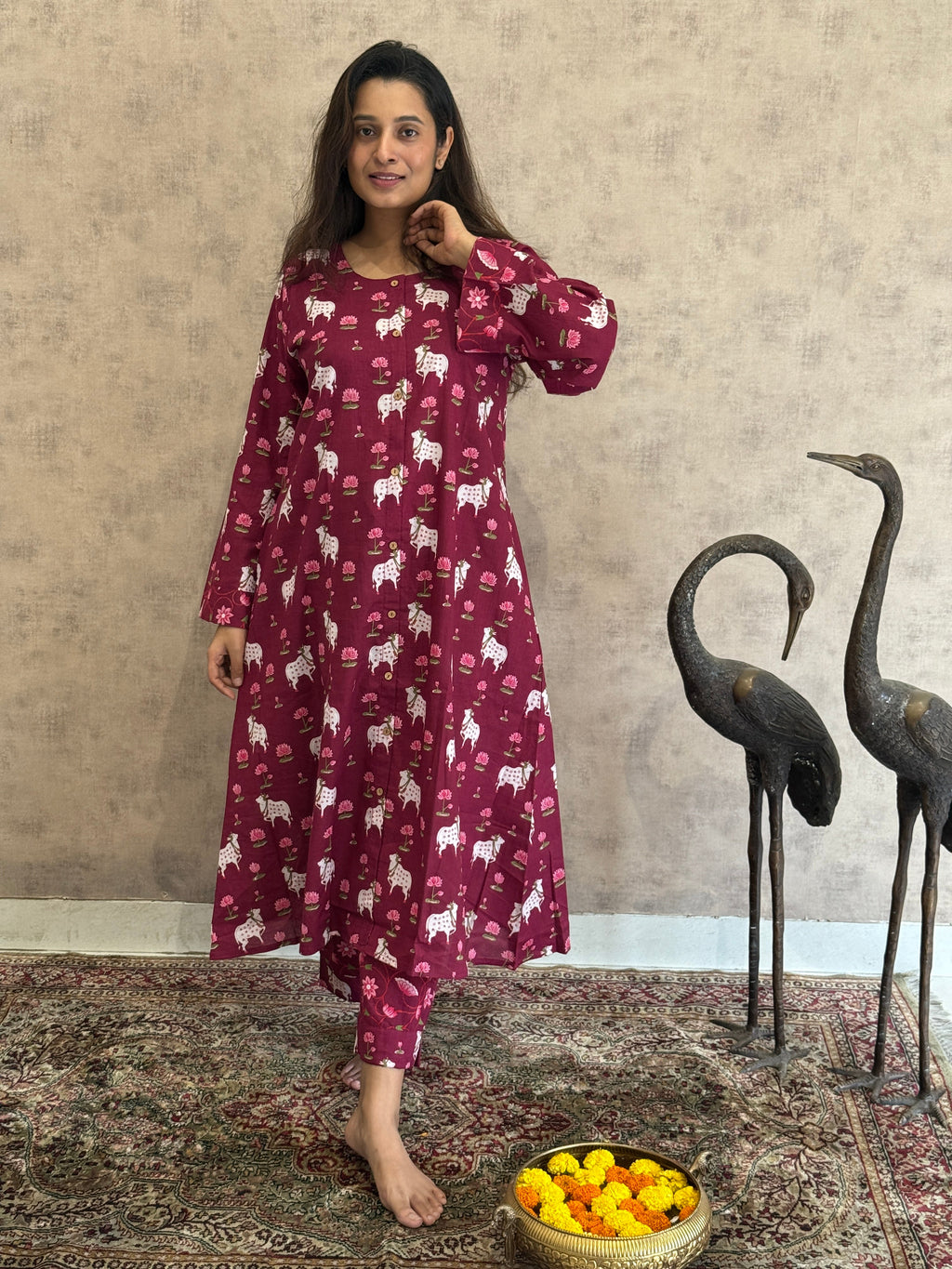 Aruna Pichwai Cotton Kurti Pant Set | Berry | KanthaIndia