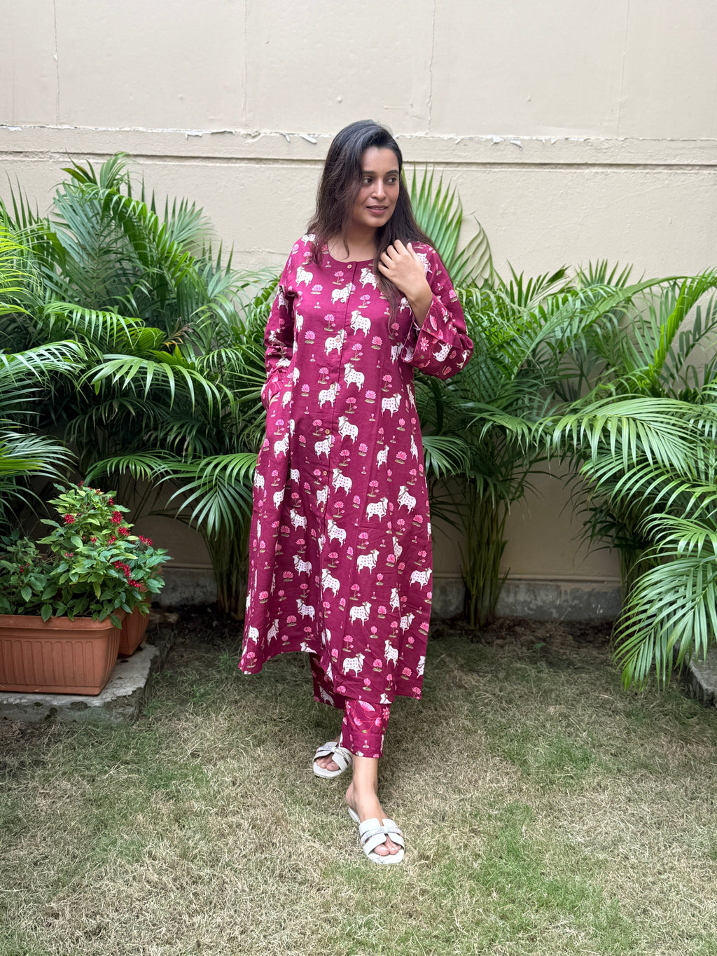 Aruna Pichwai Cotton Kurti Pant Set | Berry | KanthaIndia