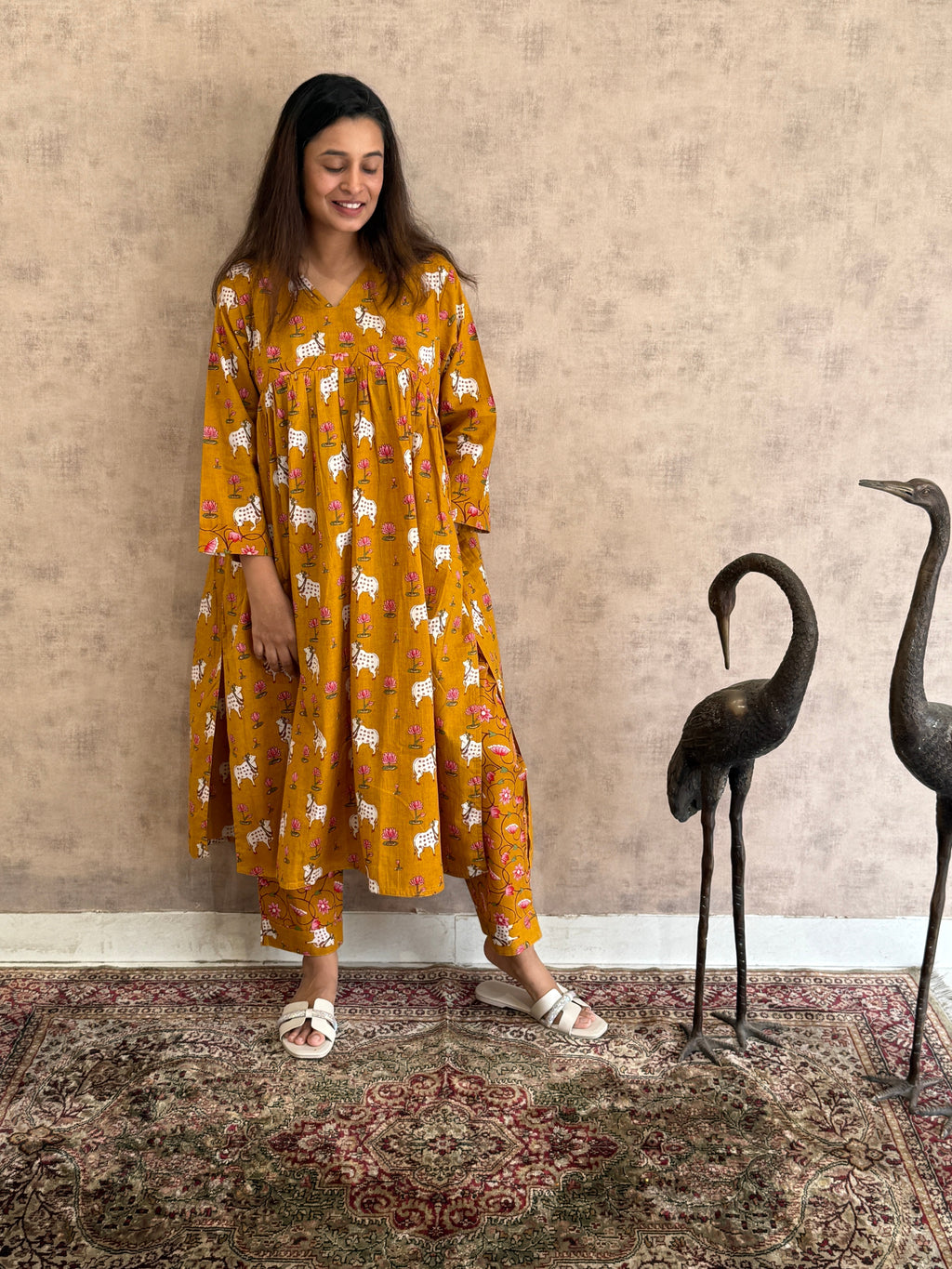 Peetambari Pichwai Cotton Kurti Pant Set | Mustard | KanthaIndia