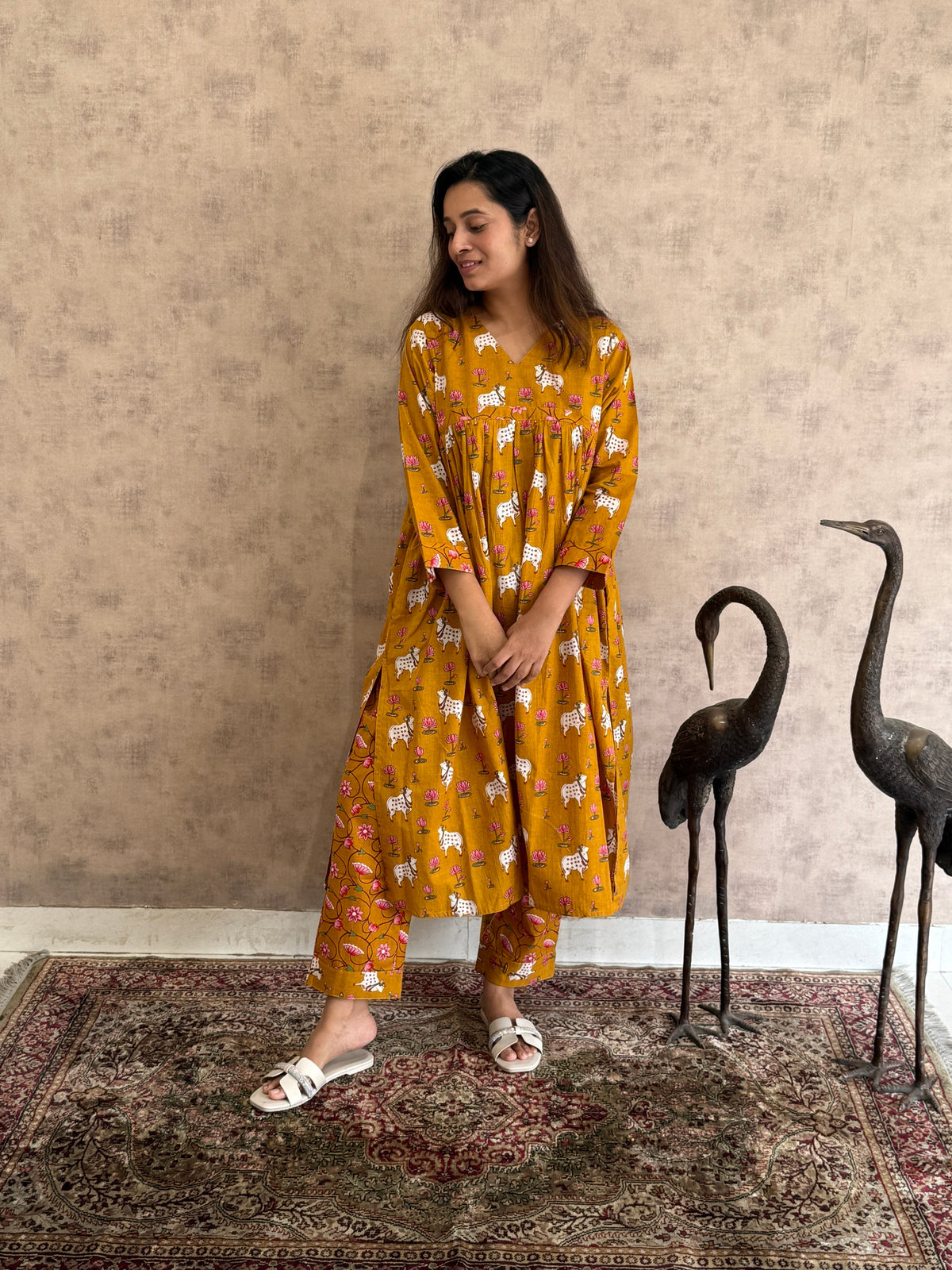 Peetambari Pichwai Cotton Kurti Pant Set | Mustard | KanthaIndia
