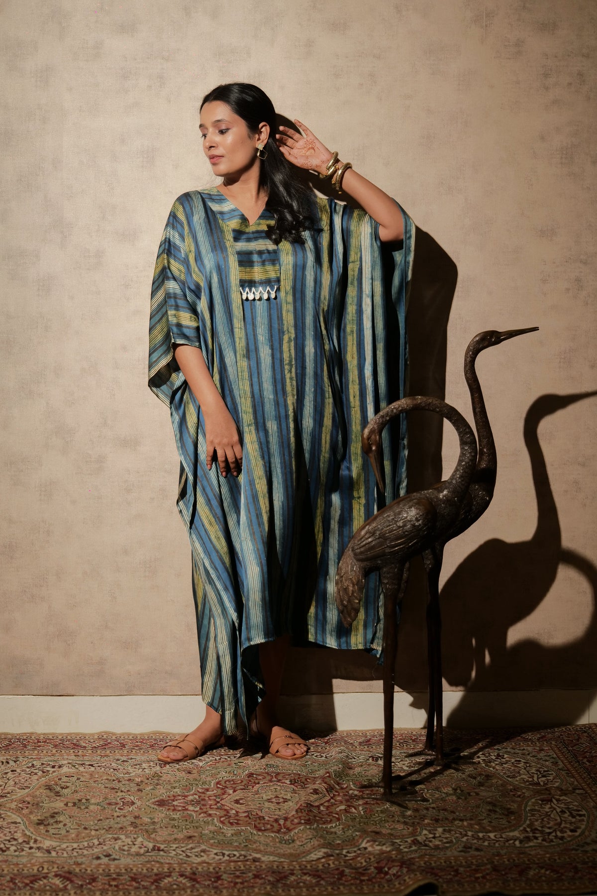 Ajrakh Modal Free-size Blue-Yellow V-Neck Kaftan | slight defect