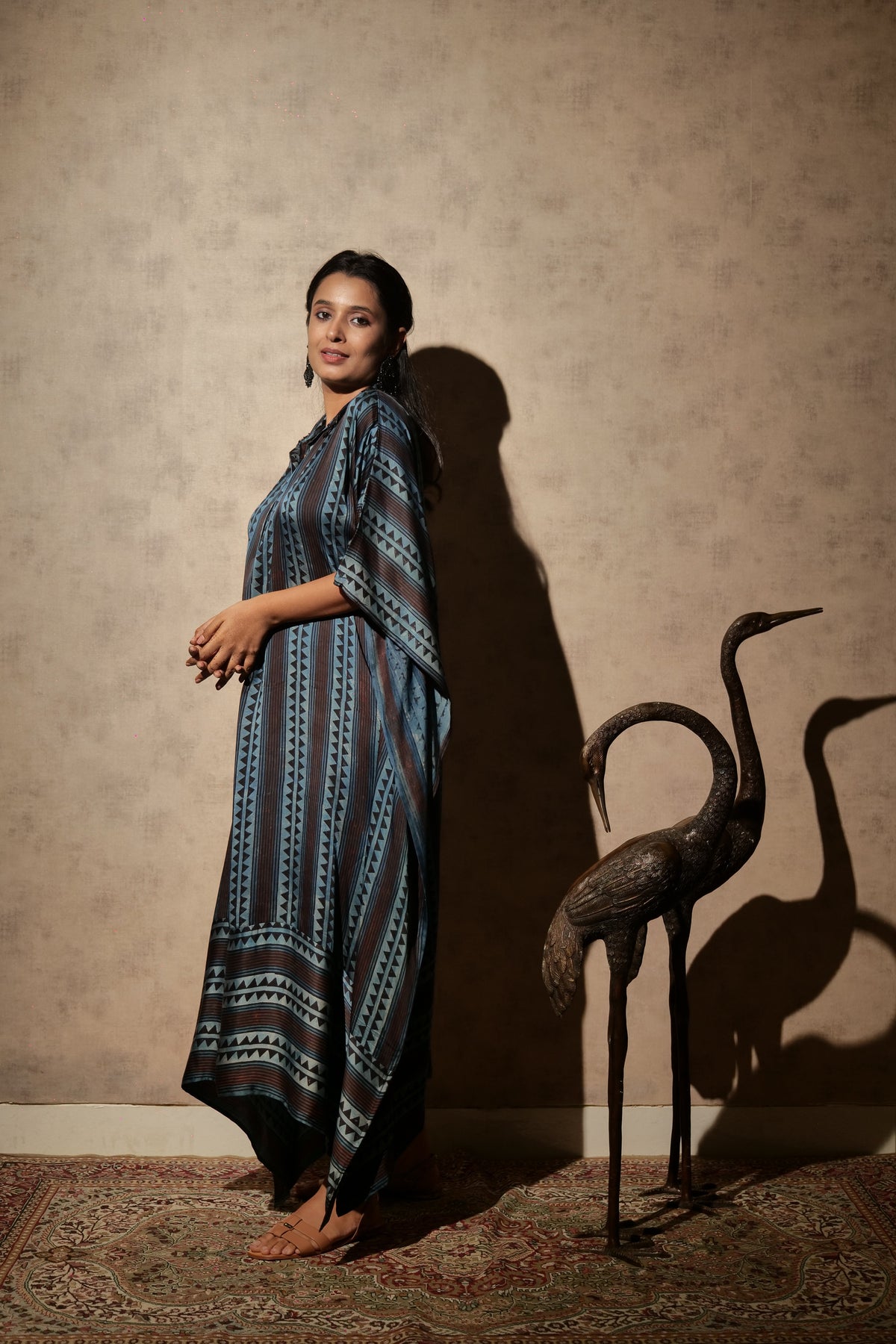 Ajrakh Modal Free-size Collar Neck Blue Kaftan Dress