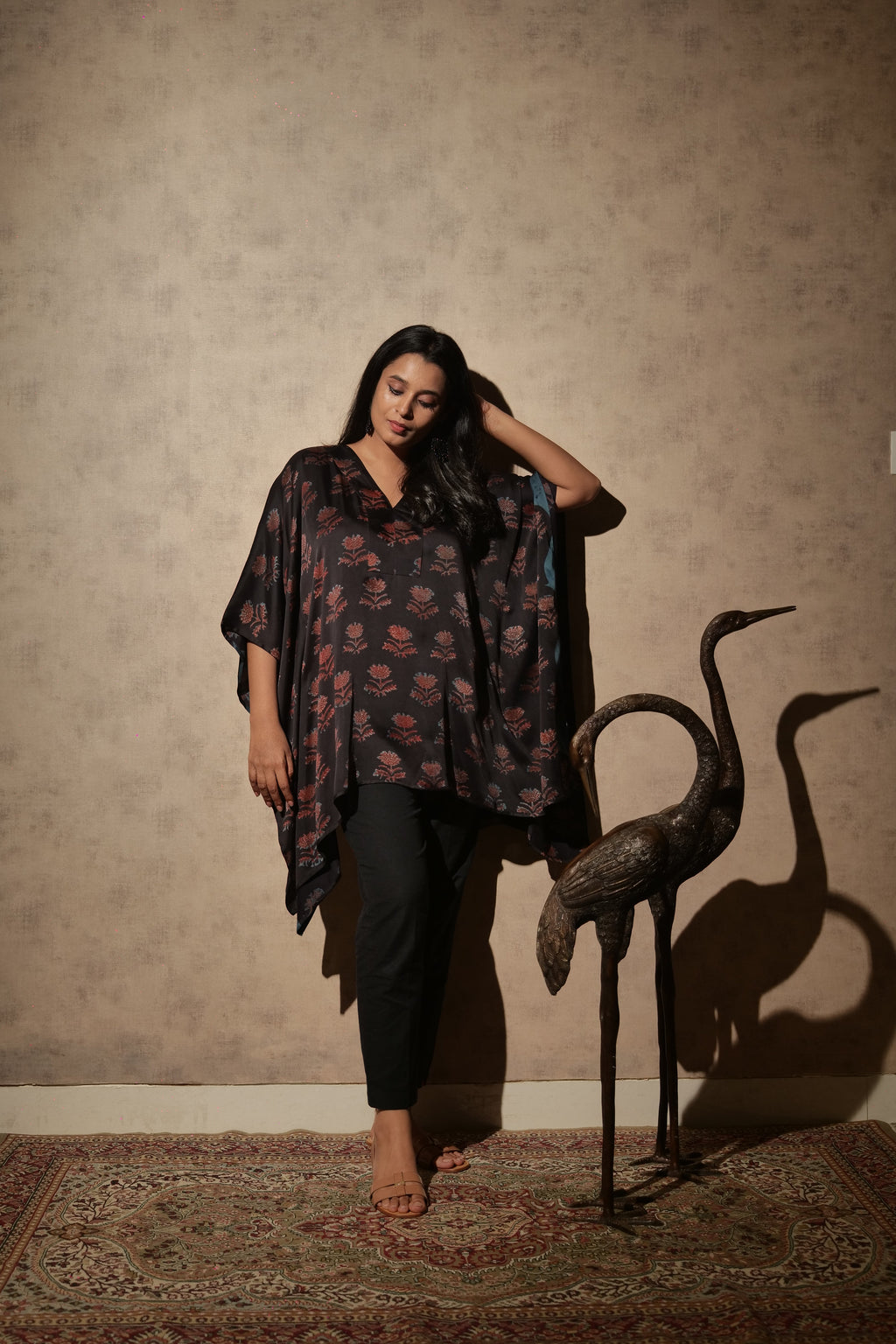 Black Ajrakh Hand Block Printed Modal Kaftan | Free Size | KanthaIndia
