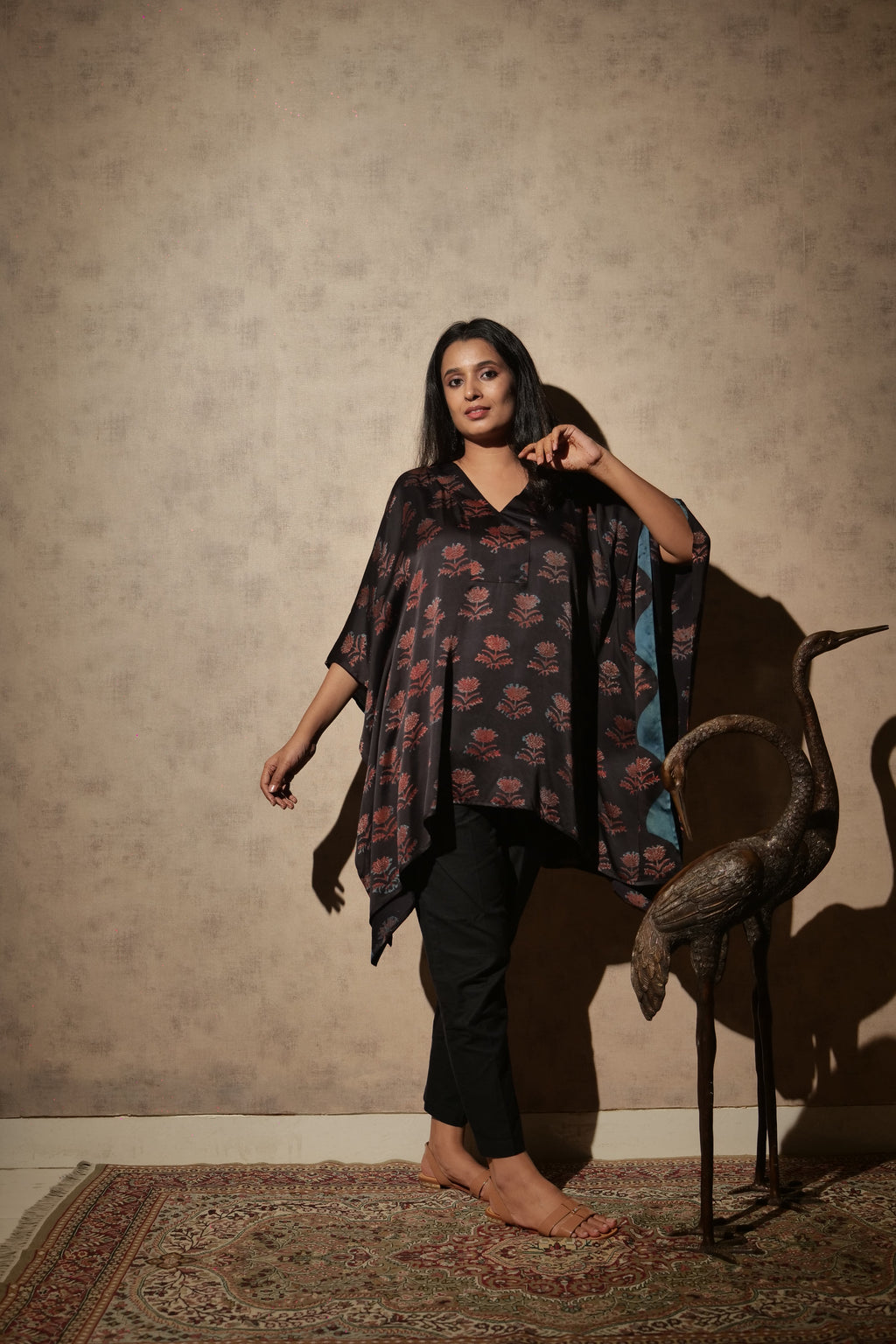 Black Ajrakh Hand Block Printed Modal Kaftan | Free Size | KanthaIndia