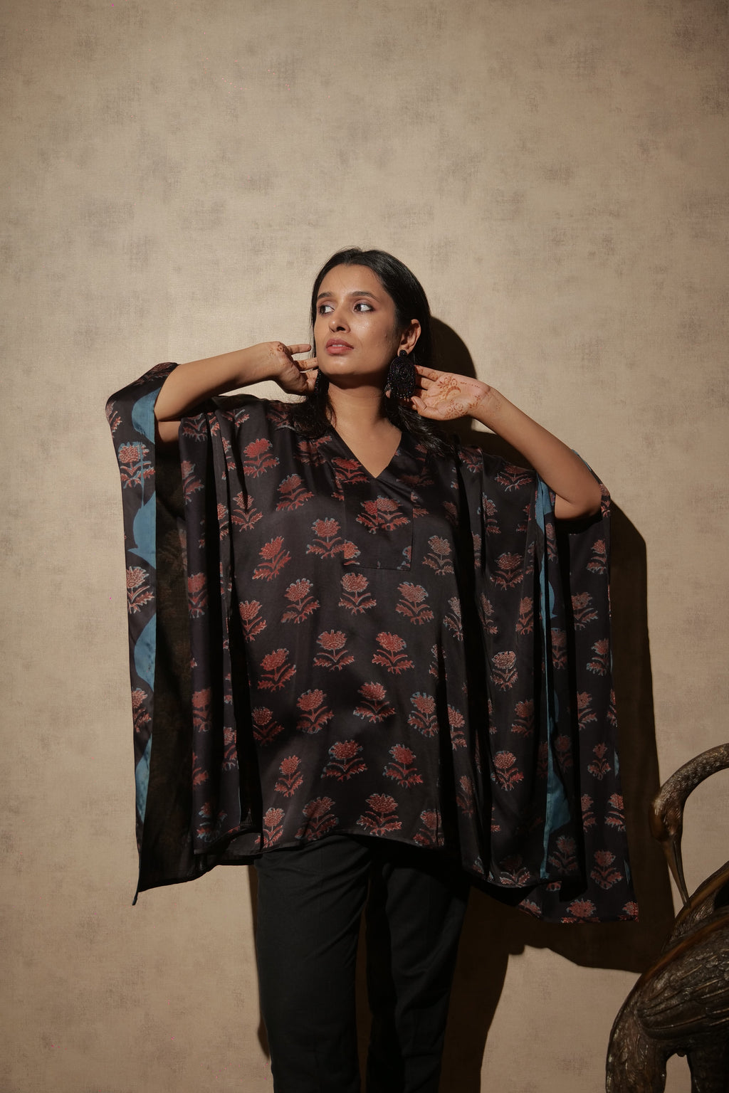 Black Ajrakh Hand Block Printed Modal Kaftan | Free Size | KanthaIndia