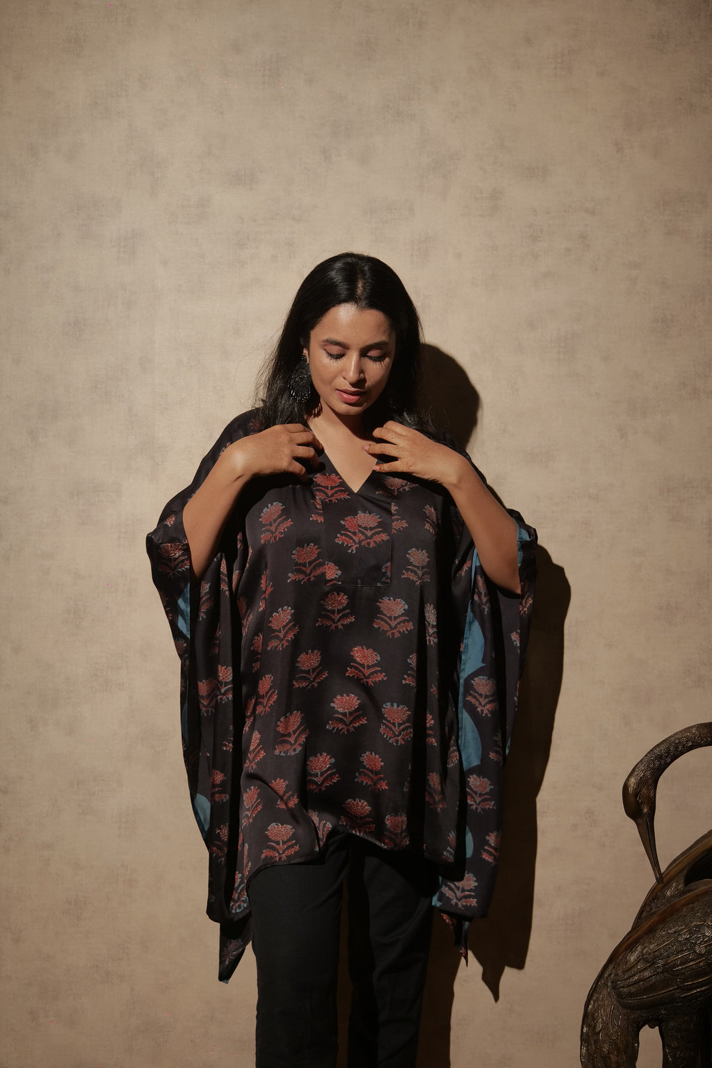 Black Ajrakh Hand Block Printed Modal Kaftan | Free Size | KanthaIndia