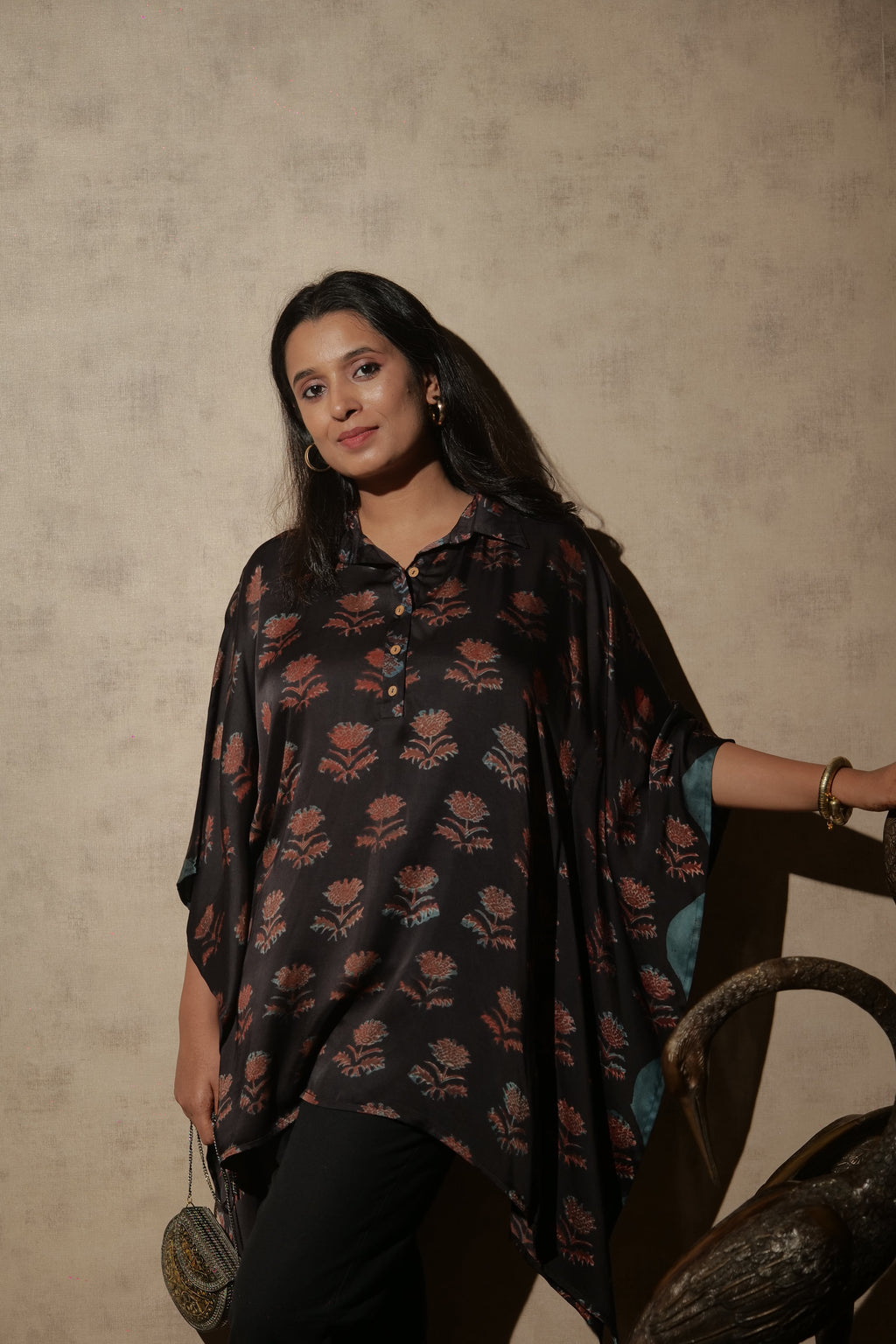 Black Ajrakh Hand Block Printed Modal Kaftan | Free Size | KanthaIndia