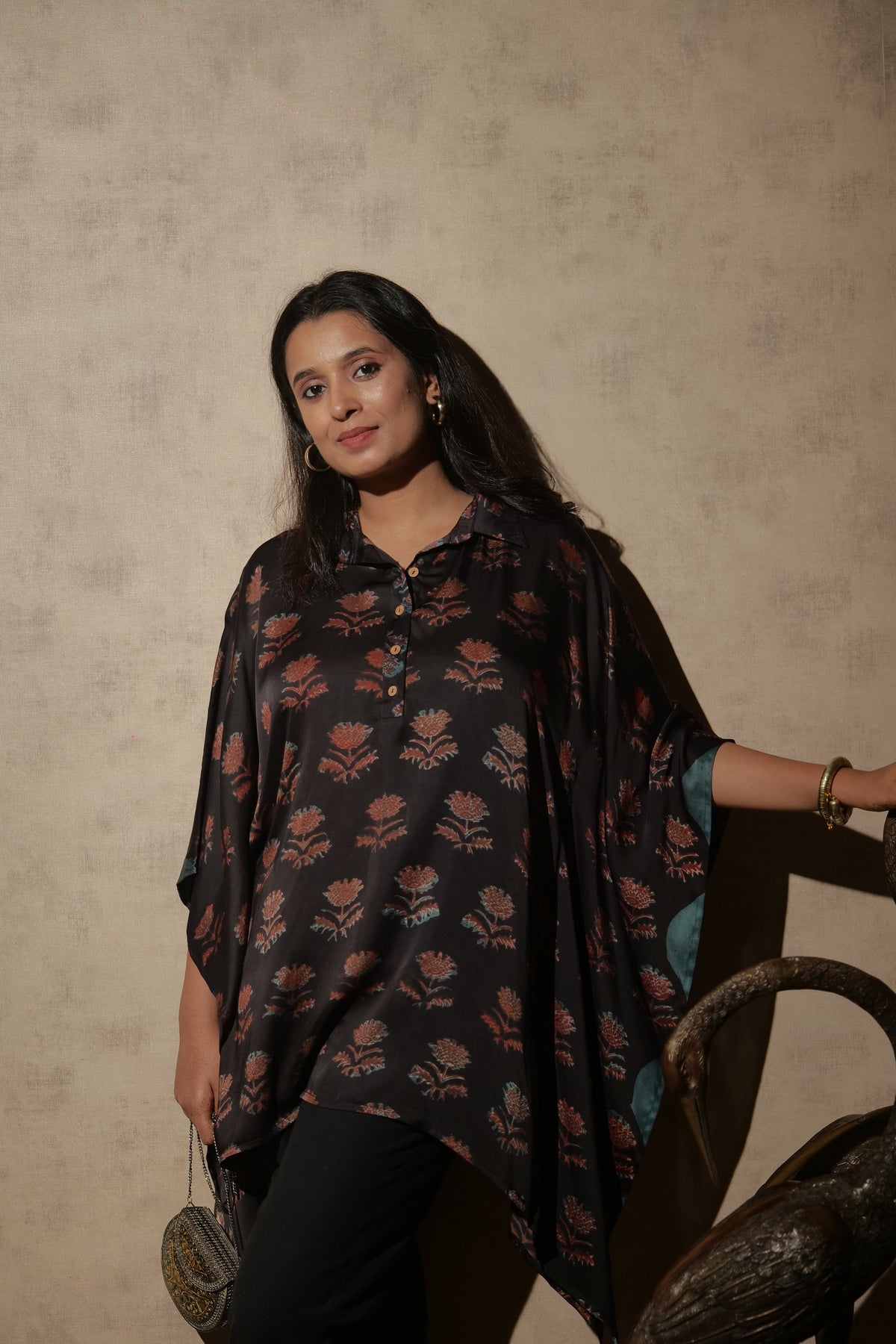 Black Ajrakh Hand Block Printed Modal Kaftan | Free Size | KanthaIndia