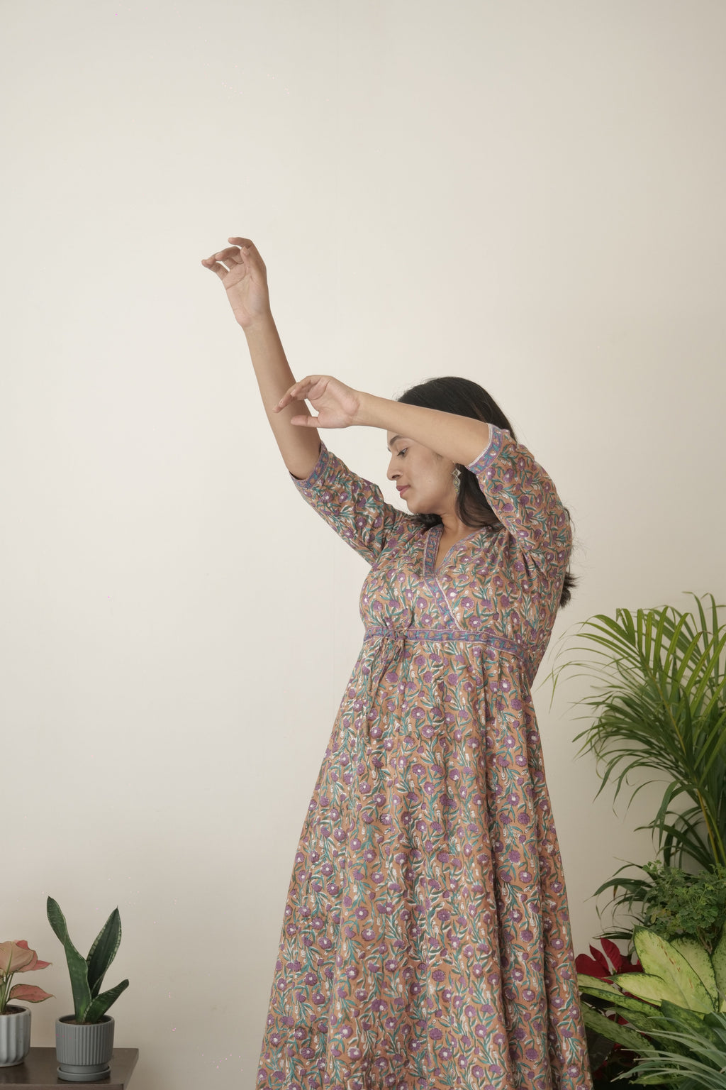 Beige Bagh Hand Block Printed Cotton Dress | KanthaIndia