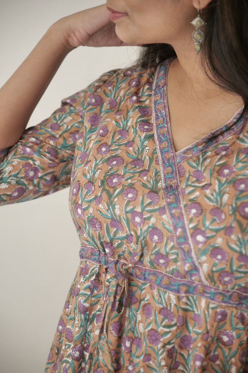Beige Bagh Hand Block Printed Cotton Dress | KanthaIndia