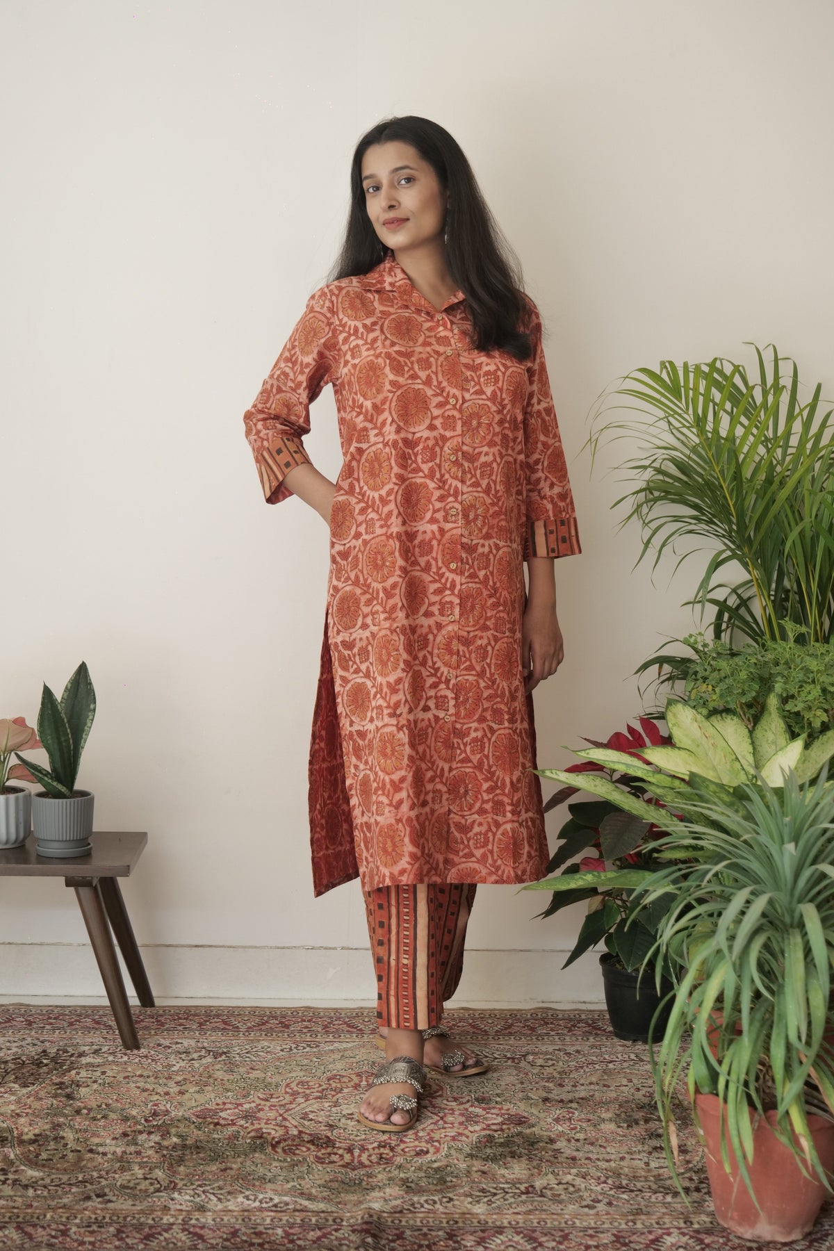 Cotton Vanaspati Brick Orange Kurta Set