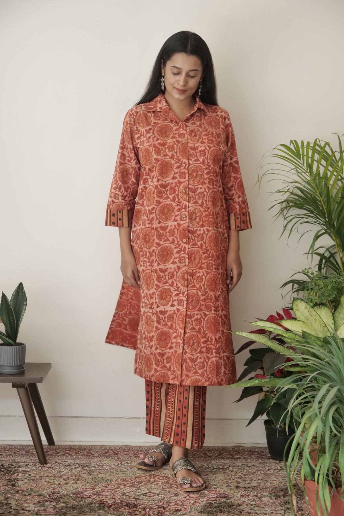 Cotton Vanaspati Brick Orange Kurta Set