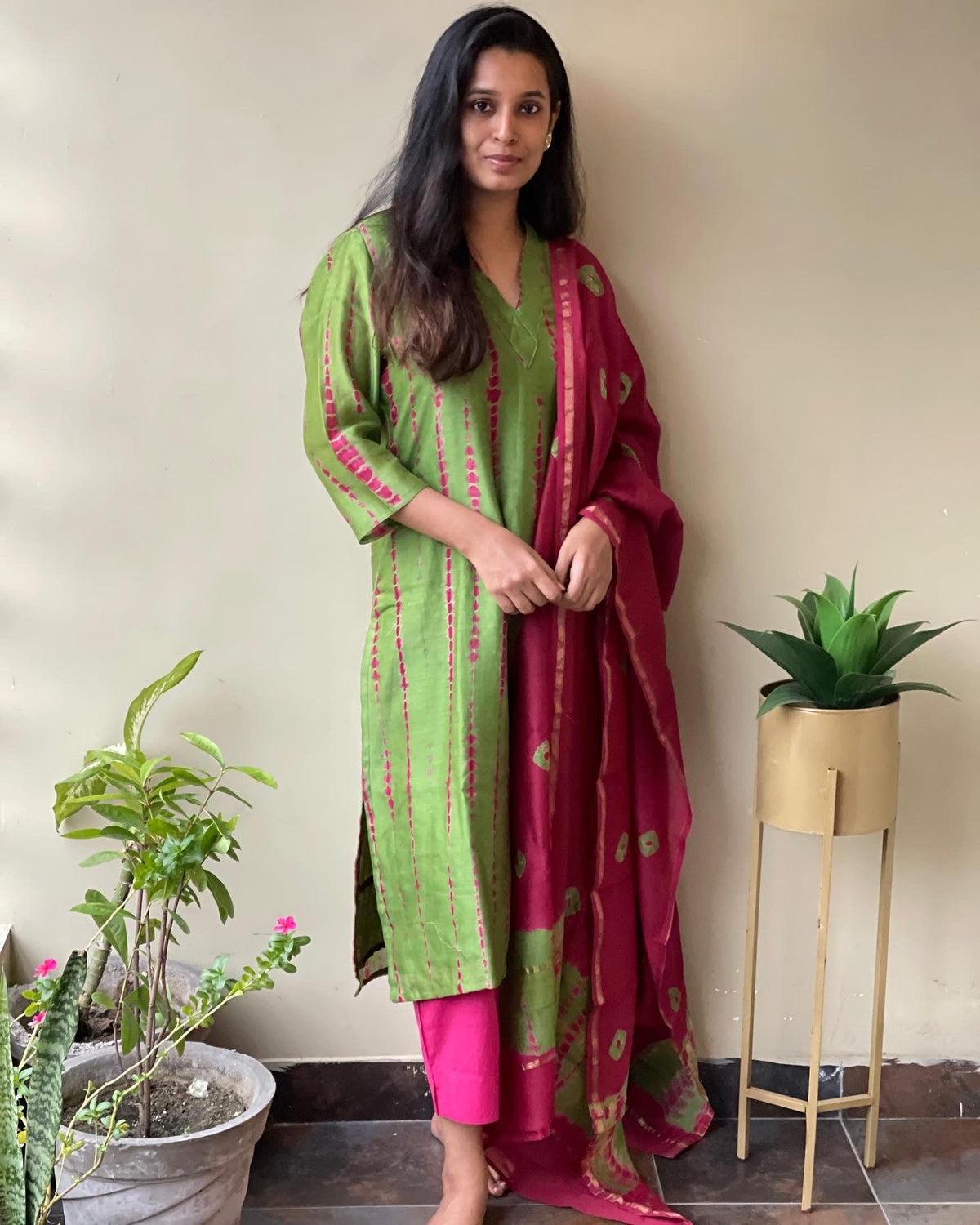 Green Pink Shibori Chanderi Suit Set