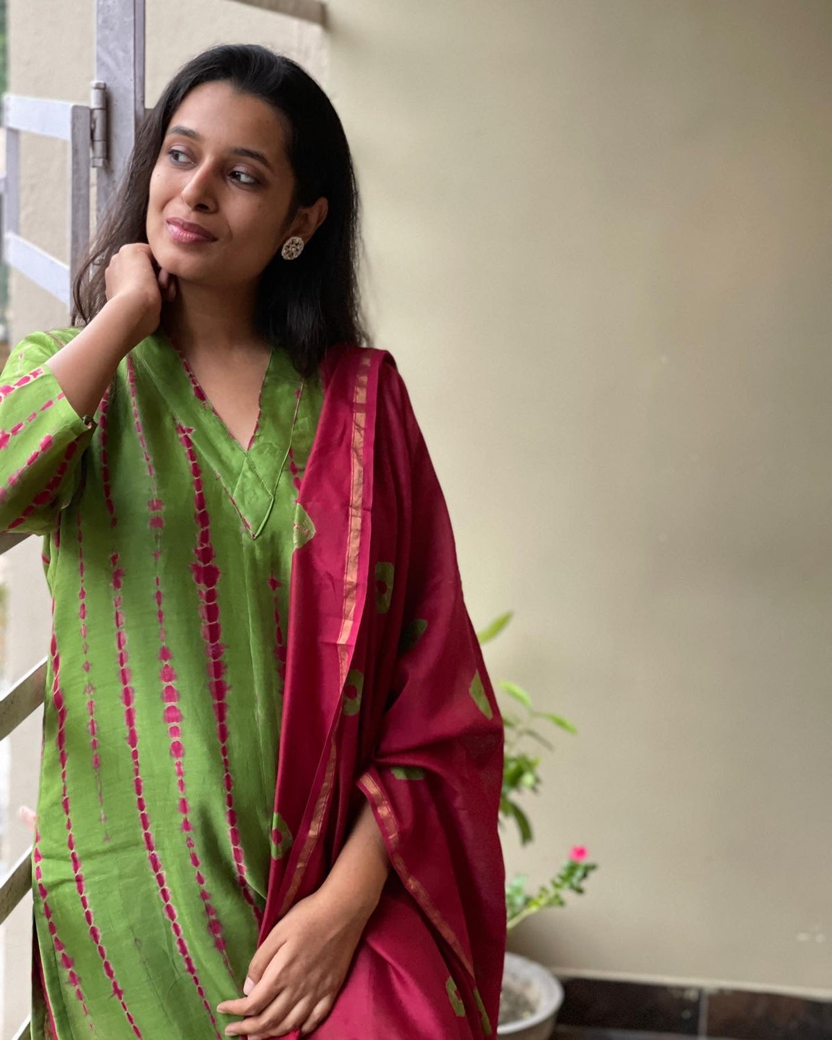 Green Pink Shibori Chanderi Suit Set